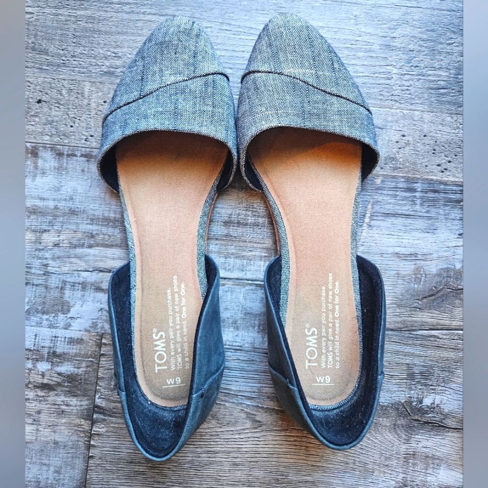 Toms Jutti D'Orsay Flat Shoes Women's Size 9 Leather Canvas Black Gray Slip Ons